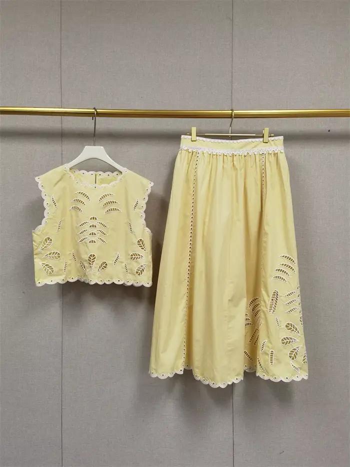 Ensemble en coton pour femme, broderie ajourée, jaune ou blanc, jupe mi-mollet ou gilet court sans manches à col rond