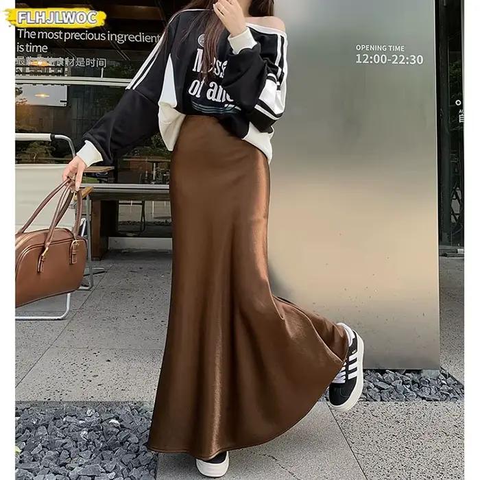 2025 Dernière jupe sirène lumineuse de style coréen parfaite pour minceur façonnant femme automne printemps taille haute sexy longues jupes maxi