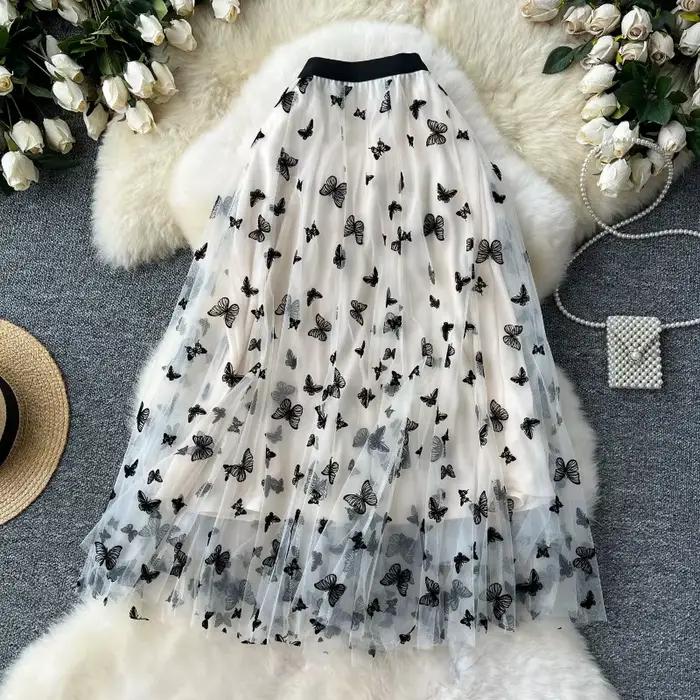 Jupe élégante pour femme, taille haute, coupe trapèze, brodée, en résille, style féerique, amincissante, couvrant les hanches, longueur midi 2026