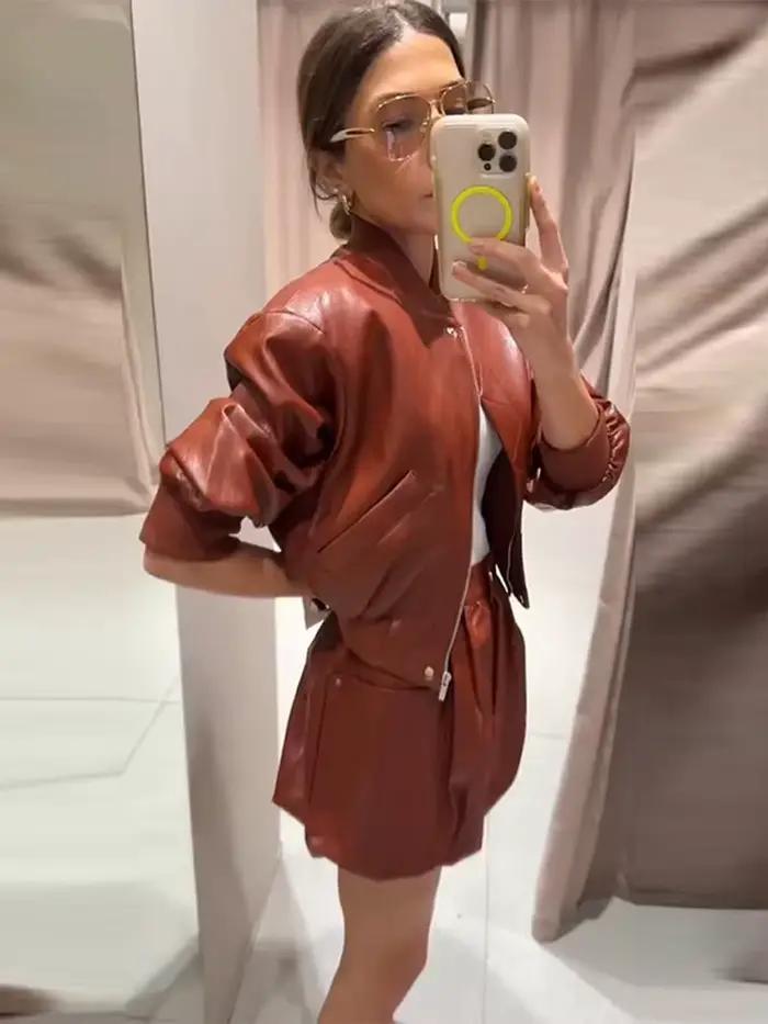 Ensembles Jupe-Culotte Femme en Similicuir avec Veste à Épaulettes et Mini-Jupes – Nouveauté Printemps – Manteaux Amples à Manches Longues Chic pour Soirées