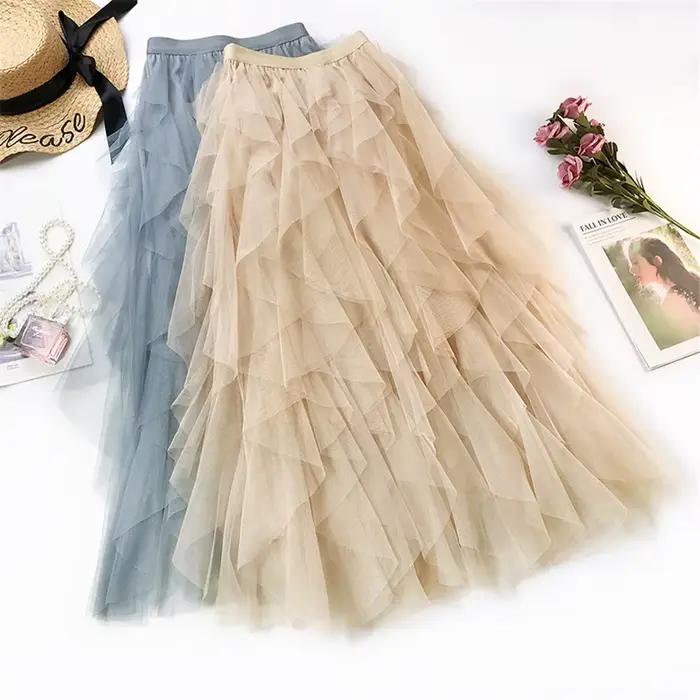 Mode Tutu Tulle jupe femmes longue Maxi jupe 2022 printemps été coréen noir rose taille haute jupe plissée femme