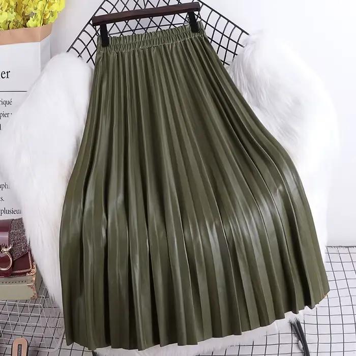 Jupe plissée mi-longue en cuir PU pour femmes, nouvelle collection automne/hiver 2021, taille haute coréenne, ligne a, cent plis