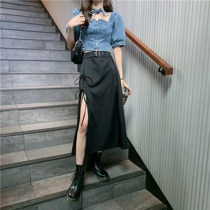 Jupes trapèze taille haute pour femmes, streetwear, nœud fendu sur le côté, rétro, sexy, irrégulier, élégant, nouveau design de mode, chaud, été