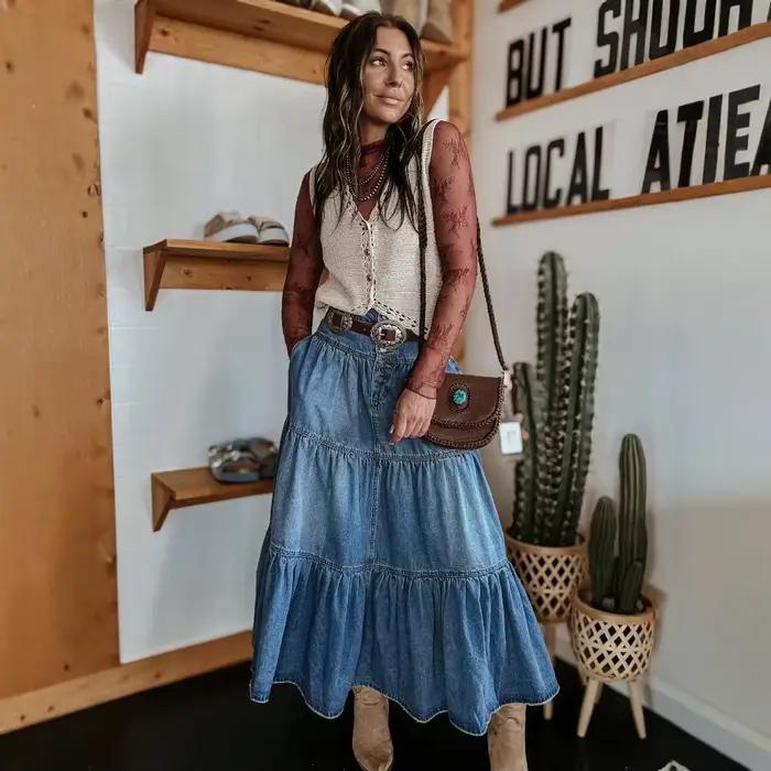 Nouvelle Jupe en jean style bohème pour femme