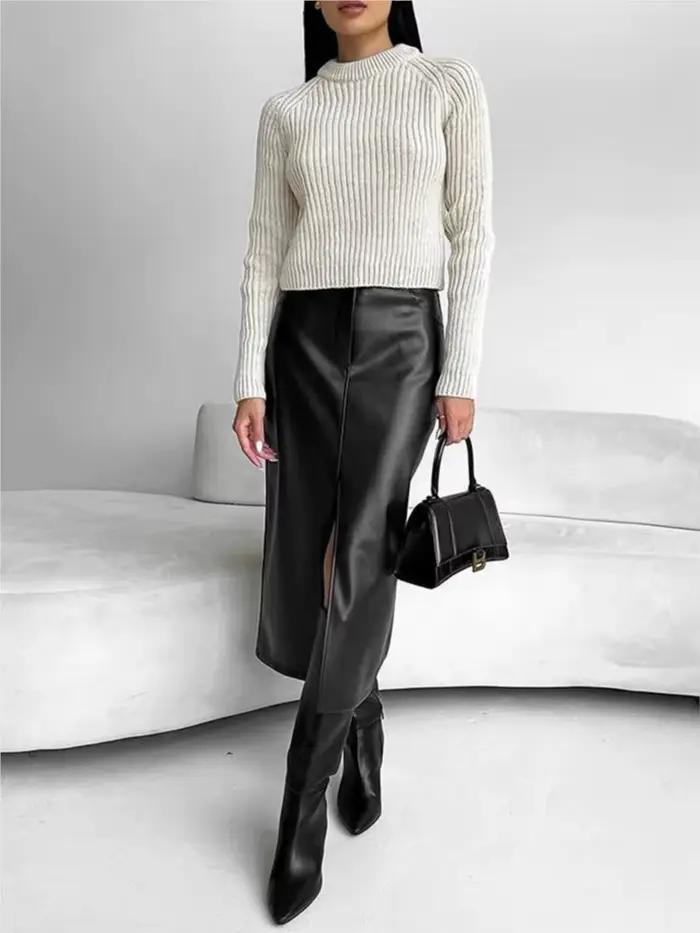 Jupe en cuir taille haute femmes fente avant printemps automne