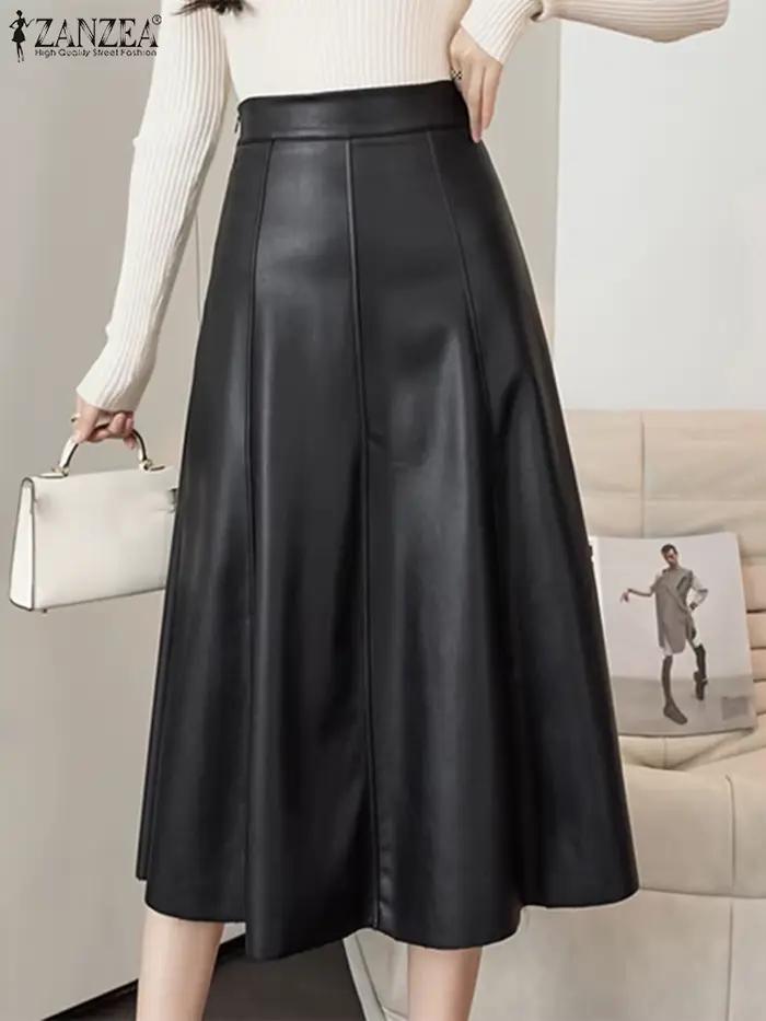 Jupe mi-longue en cuir PU pour femme