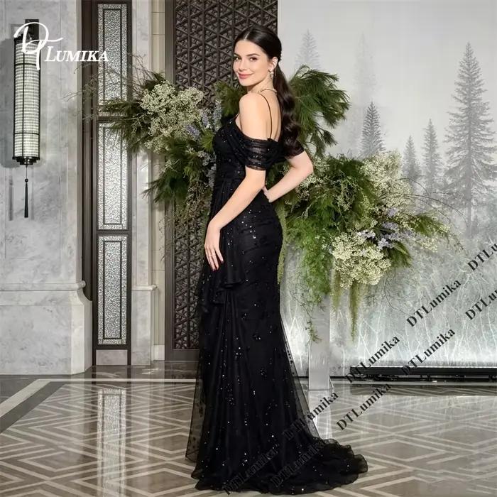 Robe de soirée longue en dentelle à fines bretelles pour femme, épaules dénudées, en tulle noir à sequins, style sirène, pour bal de promo et événements personnalisés