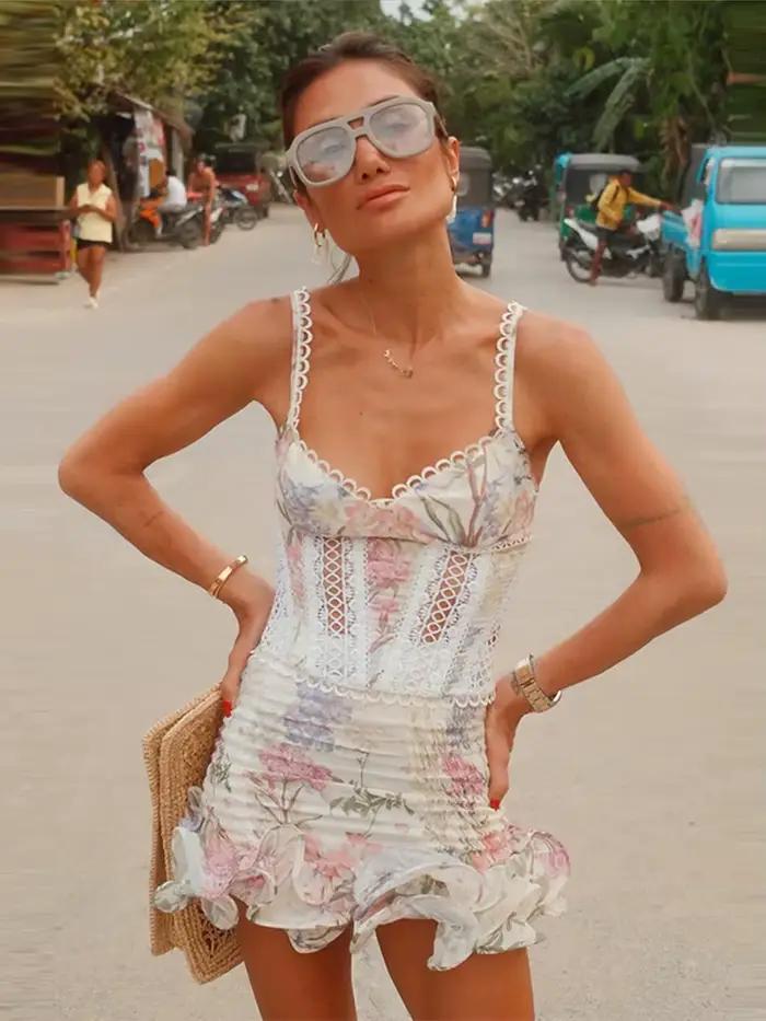 Ensemble jupe et haut imprimé floral pour femme, haut court sans manches à bretelles spaghetti et dos nu, mini-jupes moulantes à volants, tenues d'été pour femme