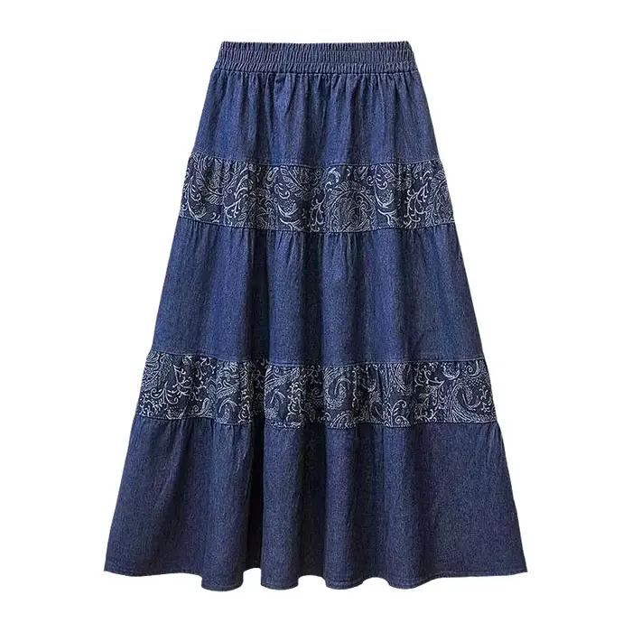 Jupe mi-longue en jean style ethnique rétro taille élastique grande