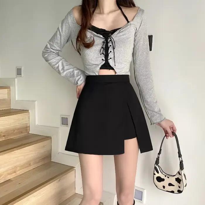 Jupe Courte Noire Femme 2026 Nouvelle Tendance Streetwear Slim Effet Deux Pièces Taille Haute Coupe Trapèze Fendue