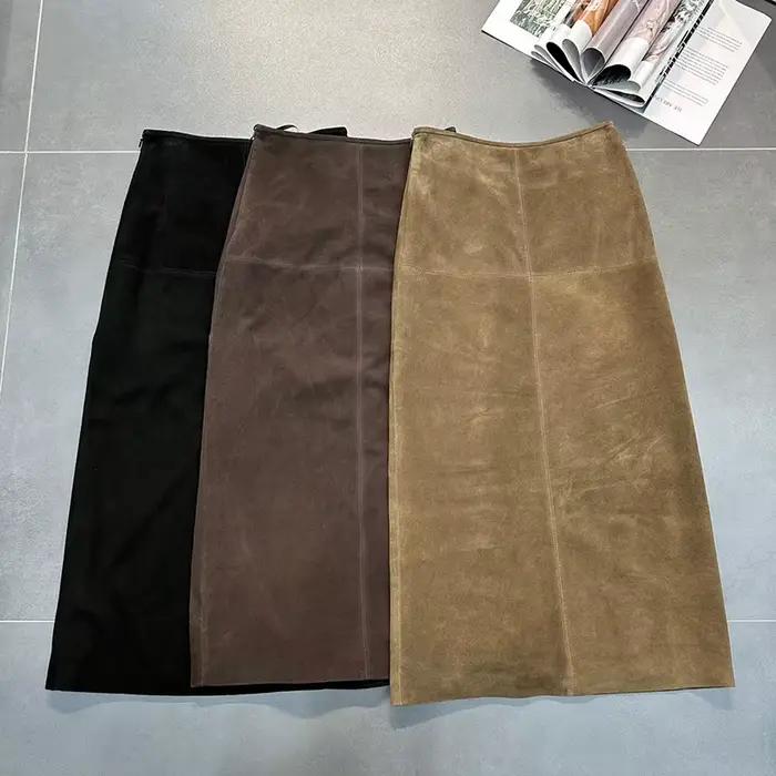 Femmes en cuir véritable Jupe taille haute café longue enveloppement hanche Style printemps automne décontracté dos