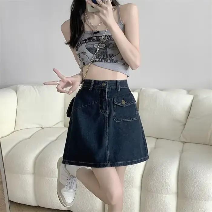 Jupe en jean femme rétro bleu taille haute
