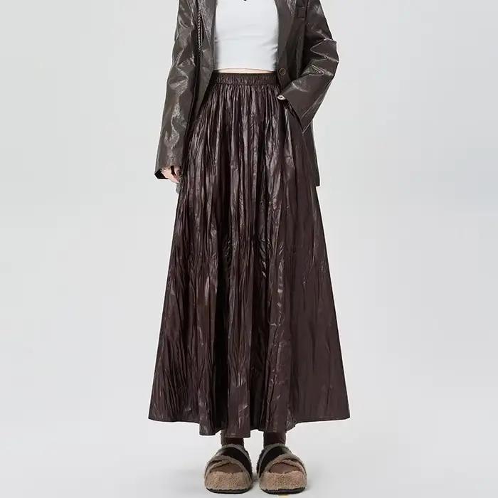 Jupes plissées en cuir Pu pour femmes, taille haute, ligne a fine, couleur unie, mode coréenne, nouvelle collection automne 2025