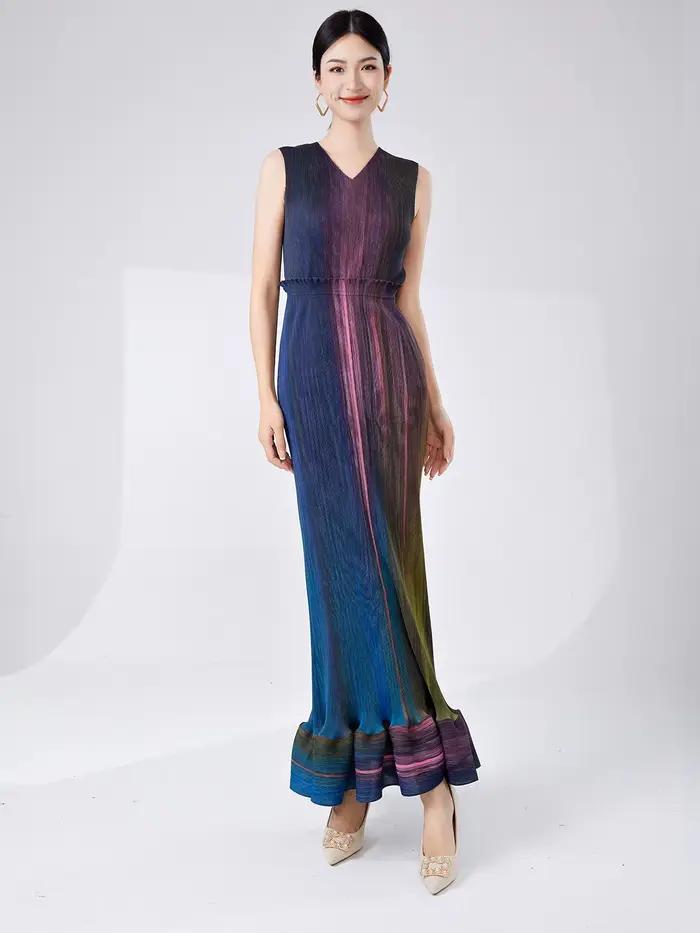Robe longue plissée à effet dégradé, robe deux pièces élégante et amincissante, robe de soirée haut de gamme