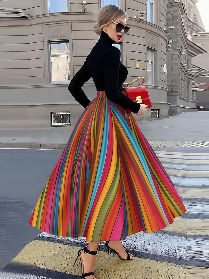 Jupe midi à rayures verticales arc-en-ciel pour femme