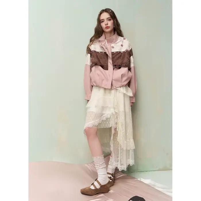 ELFSACK Jupe longue asymétrique superposée en dentelle à pois pour femme