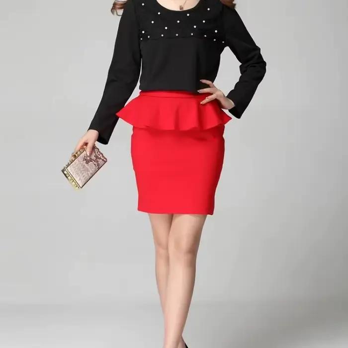 Jupe crayon taille haute extensible à volants pour femmes, grandes tailles