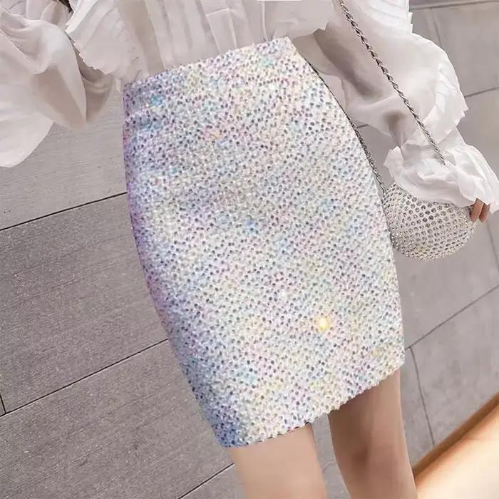 Jupes mi-longues à sequins pour femmes, jupe ronde, taille haute, vêtements élastiques, mode coréenne, chic et élégante, hanche serrée, sexy