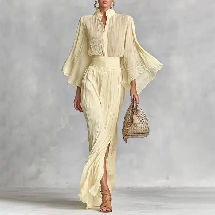 Ensemble jupe plissée abricot 2 pièces pour femmes, chemises légèrement transparentes à manches évasées, haut fendu, jupe longue, printemps été 2026 pour occasions semi-formelles et journées quotidiennes