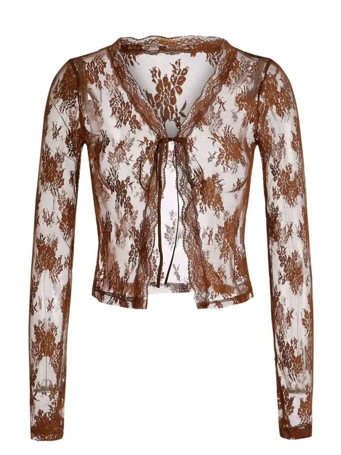 Chemise en dentelle florale à manches longues pour femmes, blouse droite avant, chemisiers de plage Y et sexy, voir à travers les couvertures féminines