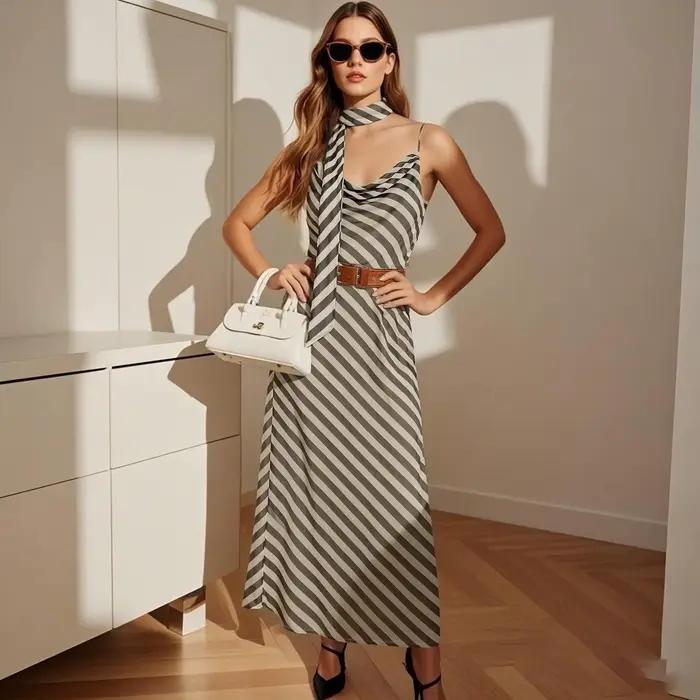 Robe longue d'été pour femme, nouvelle collection, imprimé rayé, col foulard chic, bretelles spaghetti, robe de soirée