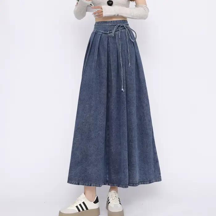 Corset à lacets Midi jupes longues femmes printemps été Style coréen Vintage taille haute Jean jupe a-ligne à volants