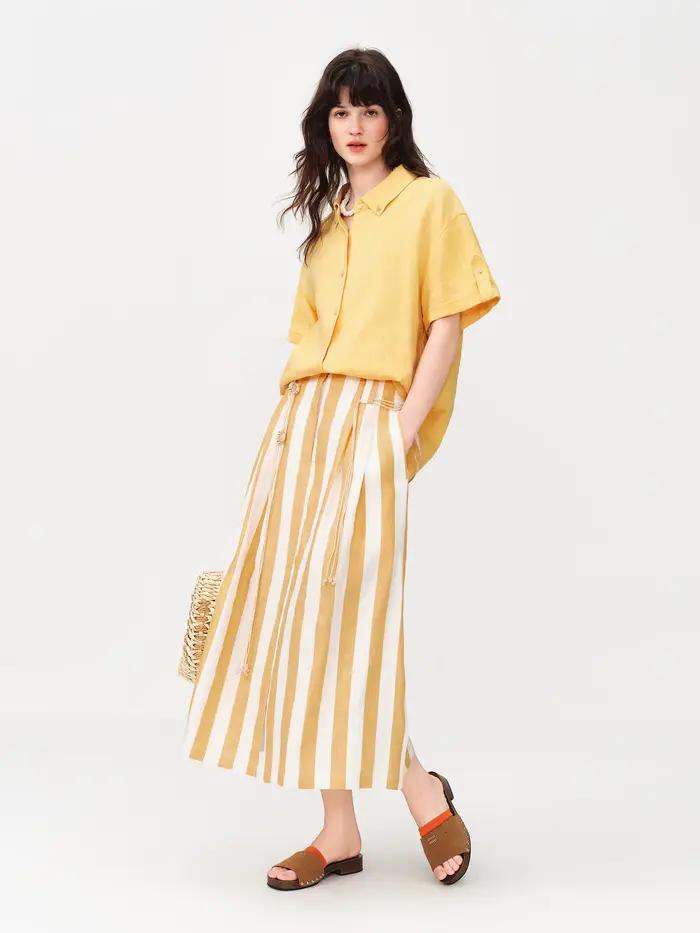 Jupe mini trapèze rayée citron et blanc FSLE 2026 pour femme - Style fluide décontracté inspiré de la nature pour les sorties quotidiennes