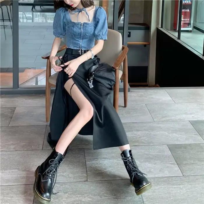 Jupes trapèze taille haute pour femmes, streetwear, nœud fendu sur le côté, rétro, sexy, irrégulier, élégant, nouveau design de mode, chaud, été
