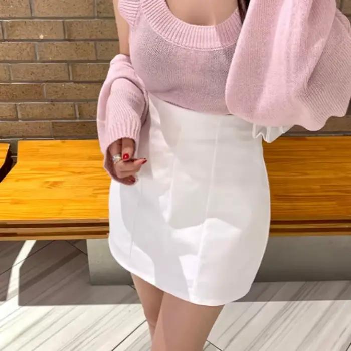 Jupe mi-longue unie style coréen pour femme, en mélange polyester-coton, taille haute, mini-jupe décontractée été 2026
