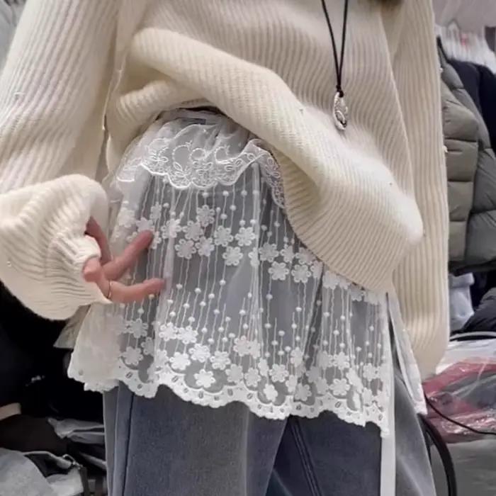 Chaud! Jupe courte trapèze taille haute, sweat-shirt, rideau de fesses, vêtements superposés, demi-jupe, garniture en dentelle, couverture inférieure, faux ourlet