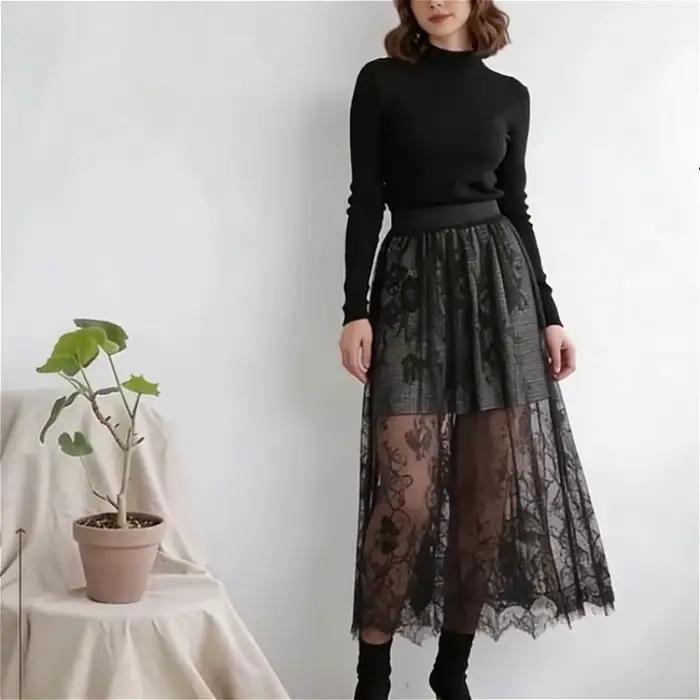 Jupe transparente élégante en dentelle noire, taille haute, robe de plage en Tulle, mi-longue, confortable, Cover-Up pour les maillots de bain, été, Y2K