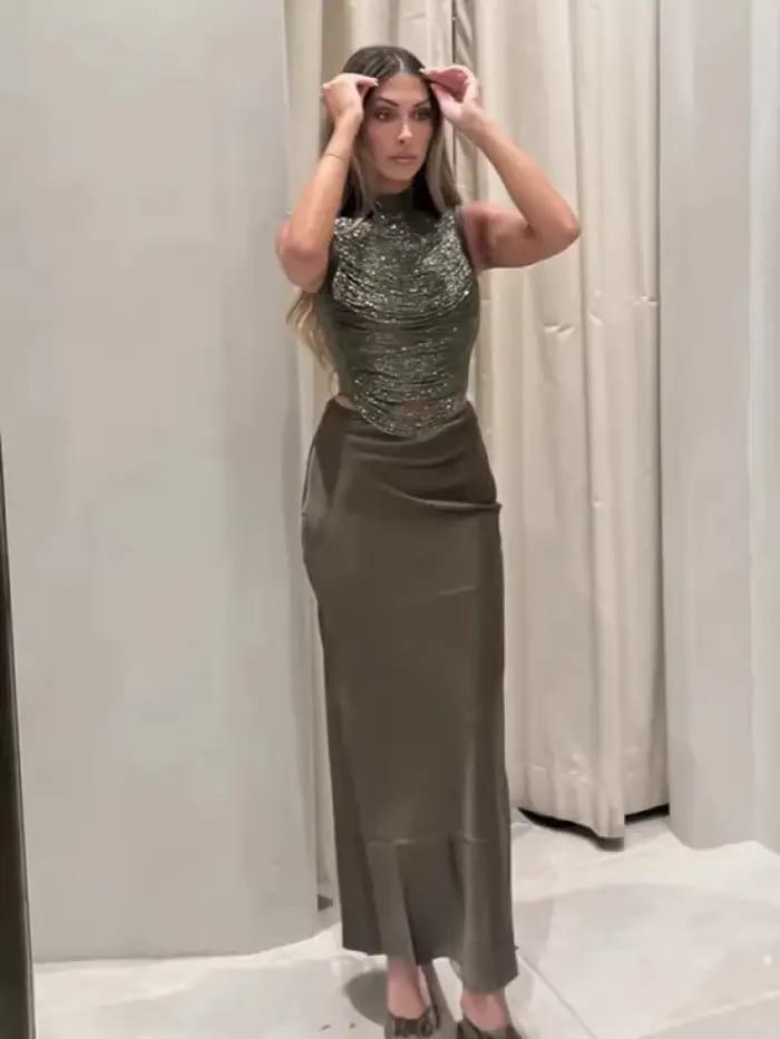 Ensemble BKQU Crop Top à Pampilles et Jupe Sirène en Satin pour Femmes Occasions Spéciales