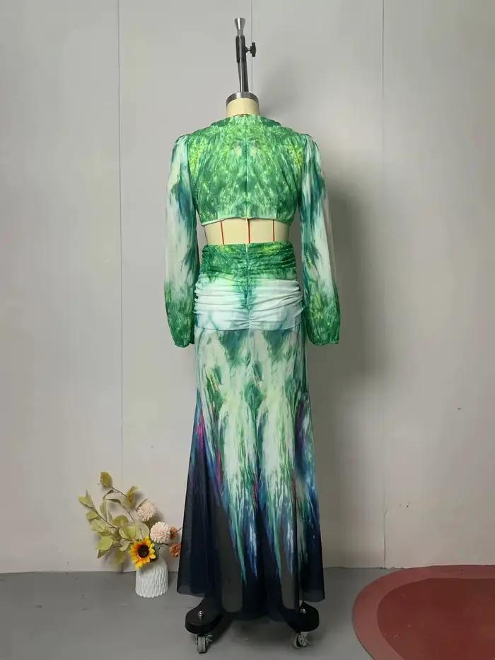 Ensemble 2 pièces jupe fendue pour femmes, costume de plage, haut imprimé, jupes longues, longueur au sol, tenues pliables, col en V, Ensemble Sexy d'été 2025