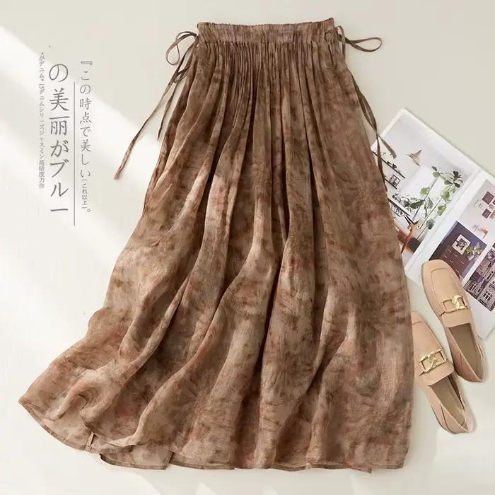 Jupe taille haute en coton et lin pour femmes
