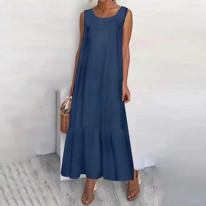 Nouvelles robes 2025 femme mode été couleur unie coton-lin sans manches grande taille femmes ample robe longue jupe