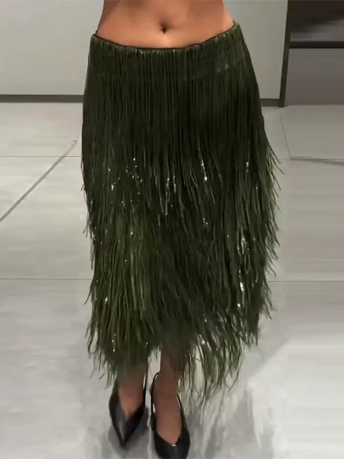 Jupe mi-longue à franges et paillettes vert Olive pour femmes, jupe de soirée à franges scintillantes pour soirée, Clubwear, Festival 2025, nouvelles jupes Sexy pour dames
