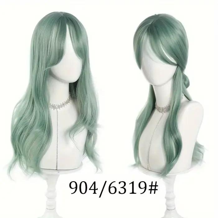 Perruque synthétique longue ondulée vert menthe pour femme avec frange naturelle à la raie centrale, idéale pour cosplay, fêtes et usage quotidien