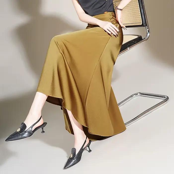Jupe longue en satin ZUZK pour femme, taille haute, couleur café, élégante pour soirées et bureau, mince, vintage, festival, été