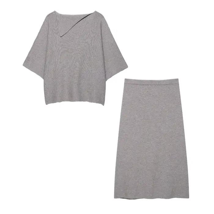 Ensemble élégant jupe midi et pull tricoté pour femme – Nouvelle collection automne – Col roulé et jupe midi en polyester couleur unie