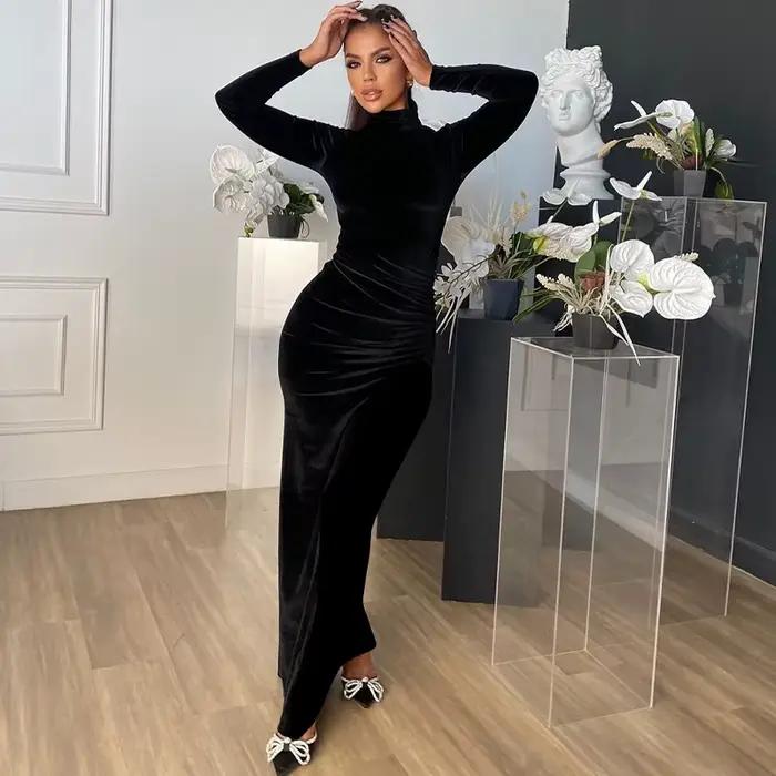 Robe fourreau sexy pour femme, col roulé, longue, plissée, moulante, en velours, maxi, pour printemps automne 2026, soirée, coupe ajustée, Vestidos