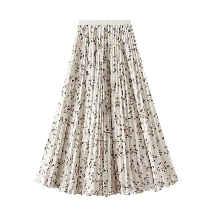 Jupe longue plissée mi-longue taille haute à imprimé floral coréen pour femme, style bohème, avec large ourlet et taille élastique