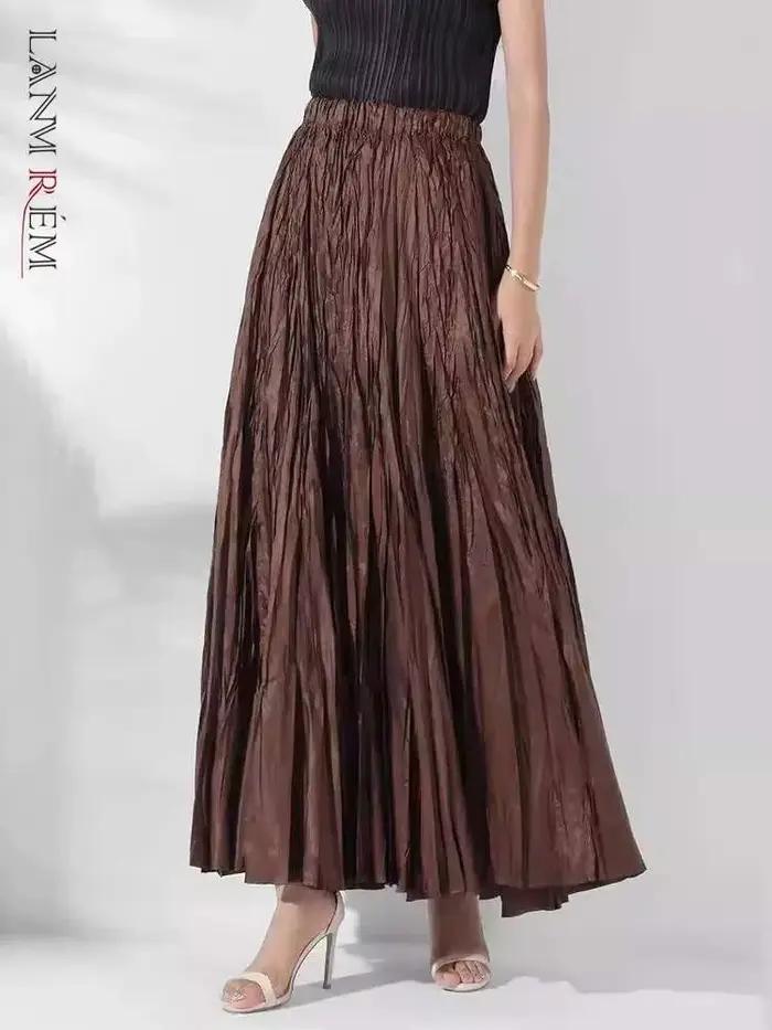 LANMREM-Jupes longues plissées pour femmes, taille haute élastique, couleur unie, vêtements de fête élégants, nouvelle collection été automne 2025, 2DA7890