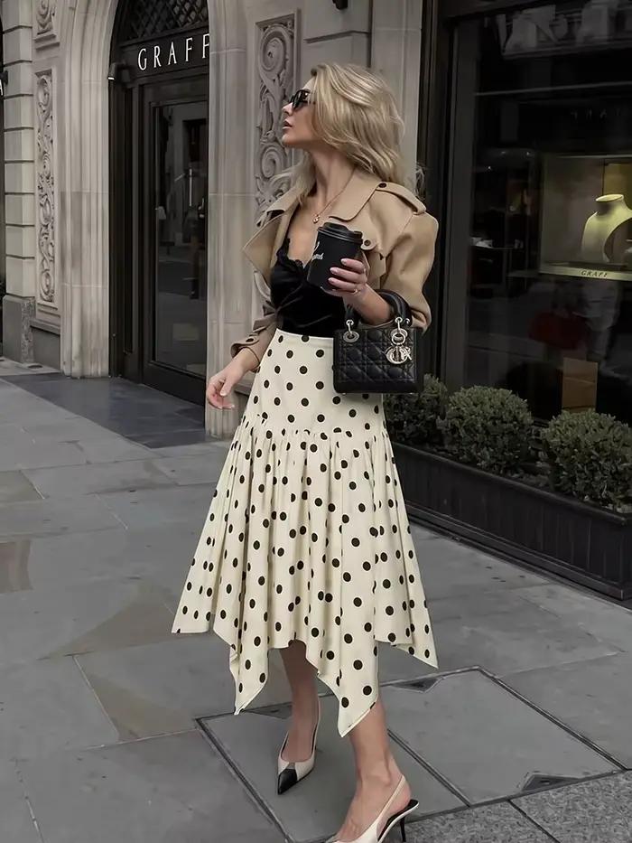 Jupe midi élégante à pois pour femme HH