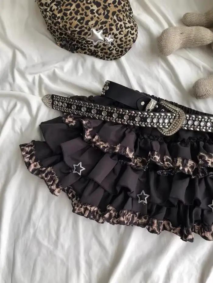 Jupe léopard taille haute à volants pour femmes