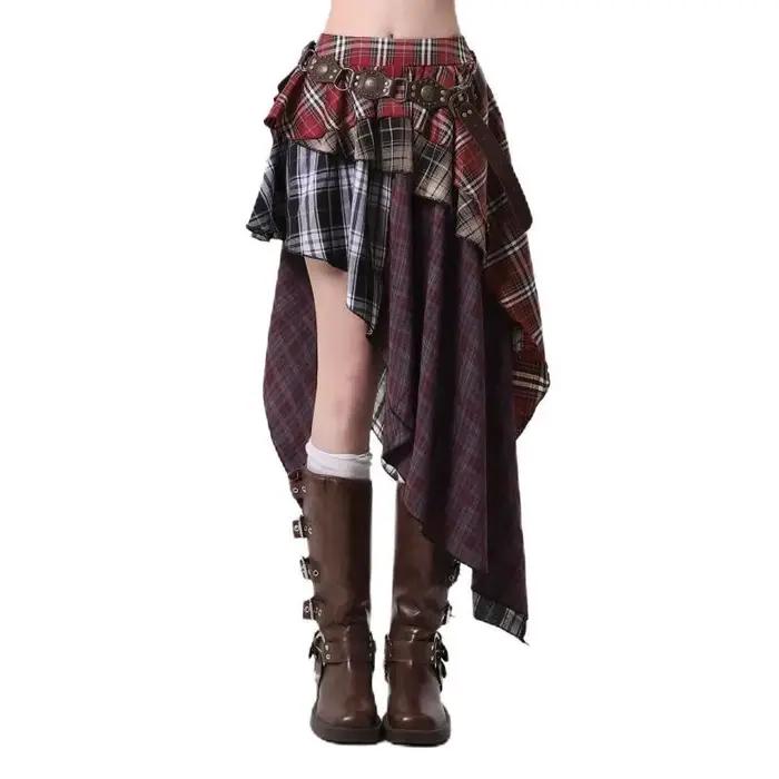 Jupe mi-longue à carreaux irréguliers pour femmes au printemps et en été, douce et fraîche, fille épicée, taille haute, Style amincissant et sportif