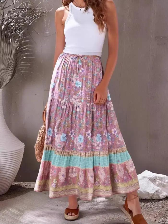 Boho Dinner ens-Jupe maxi plissée à pompons pour femmes, taille élastique, imprimé floral bleu, rayonne, plage, été, hiphélicoptère, vintage