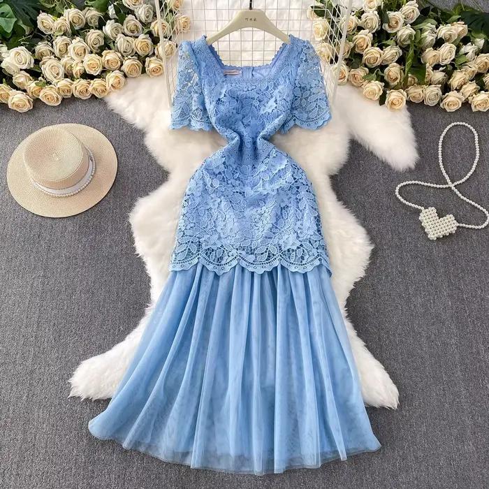 Marque formelle luxe robe de soirée femmes été à manches courtes broderie Crochet dentelle longues robes dame Tulle
