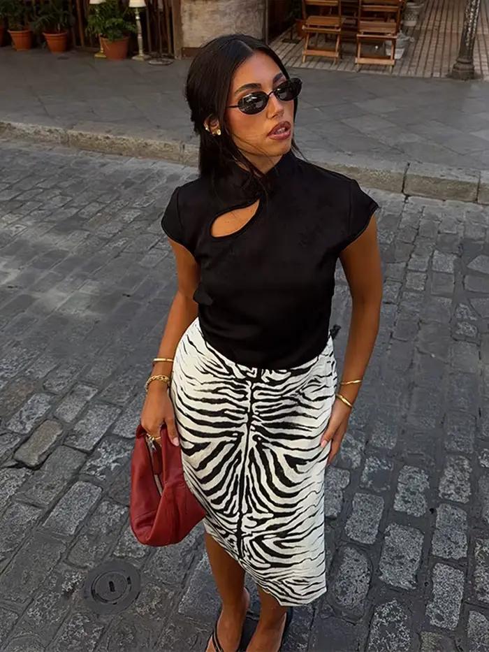 Jupe midi à taille haute à imprimé zèbre, devant plissé, coupe ajustée, été 2026, jupe chic mi-longue pour femme, jupe décontractée et chaleureuse.