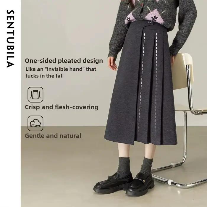 Jupe plissée SENTUBILA 2026 Nouvelle collection Hiver Grise Taille Haute pour le Bureau Jupe Midi Amincissante pour Femme 154QB4852