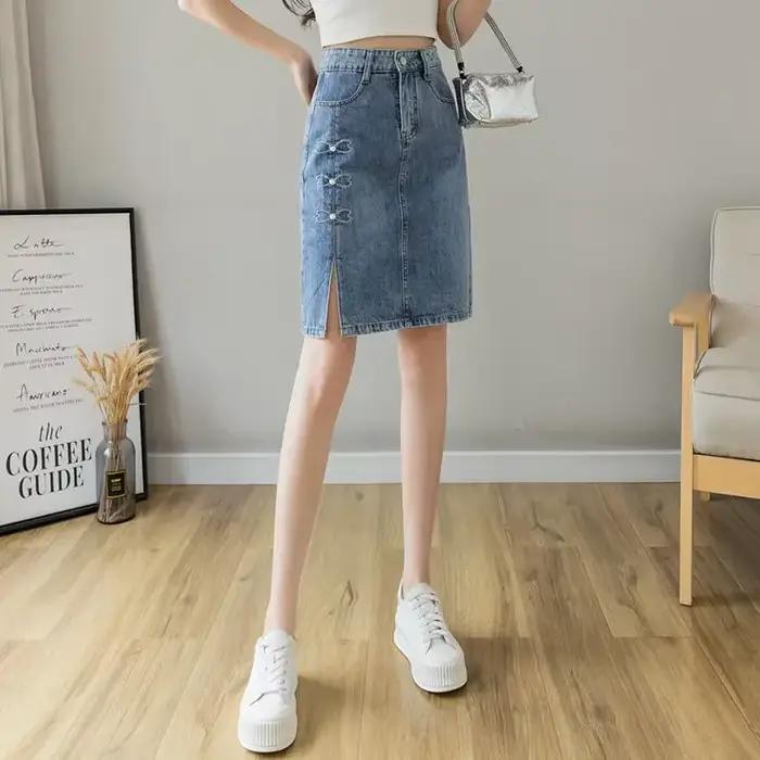 Jupe en jean mi-longue avec poche pour femme, vêtements trapèze mignons, jupes en jean femme, chic potelé, élégant, modeste, vente, Kawaii